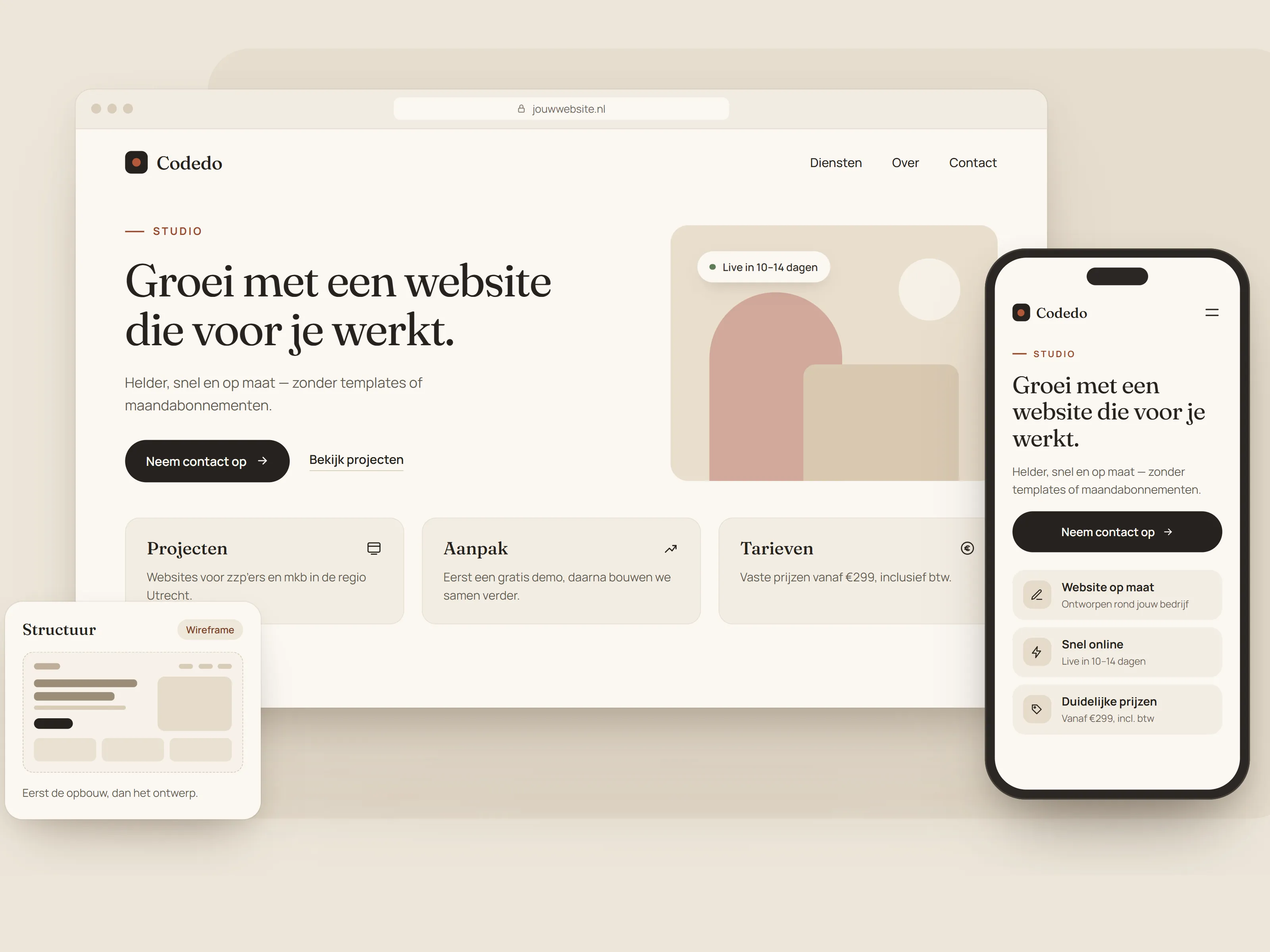 Overzicht van een Codedo-website op desktop en mobiel, met de structuur als wireframe