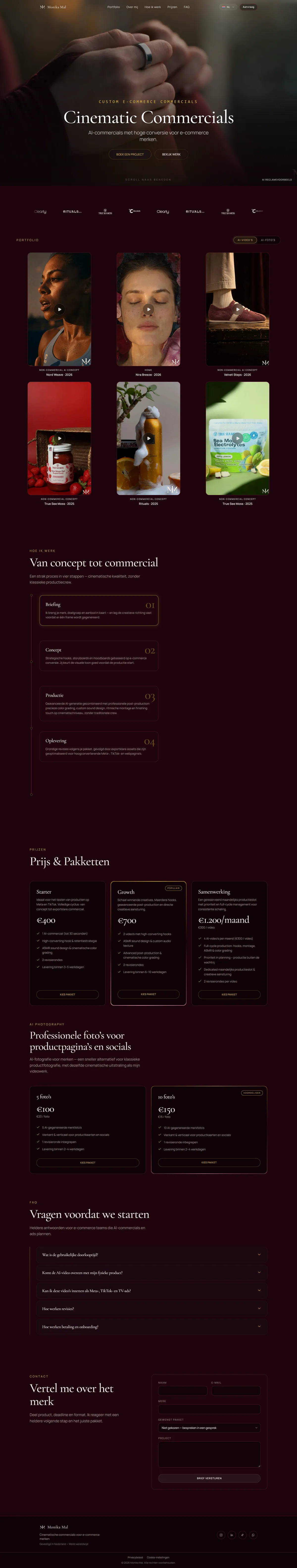 Screenshot van de Monika Mal Media homepage met de hero 'Cinematic Commercials', navigatie en call-to-action knoppen op een donkere, cinematografische achtergrond